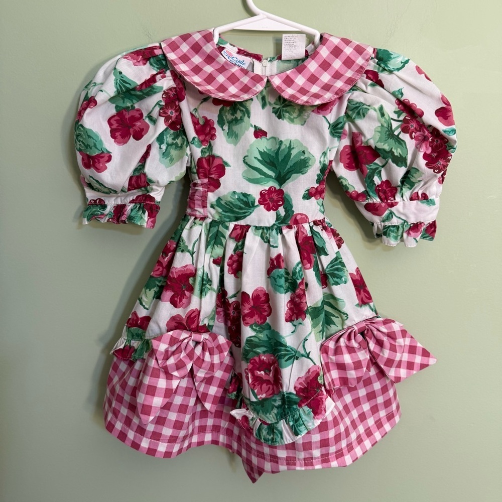 Little Precious Floral and Gingham Puff Sleeve Dress bows‎ vintage size 3T girls